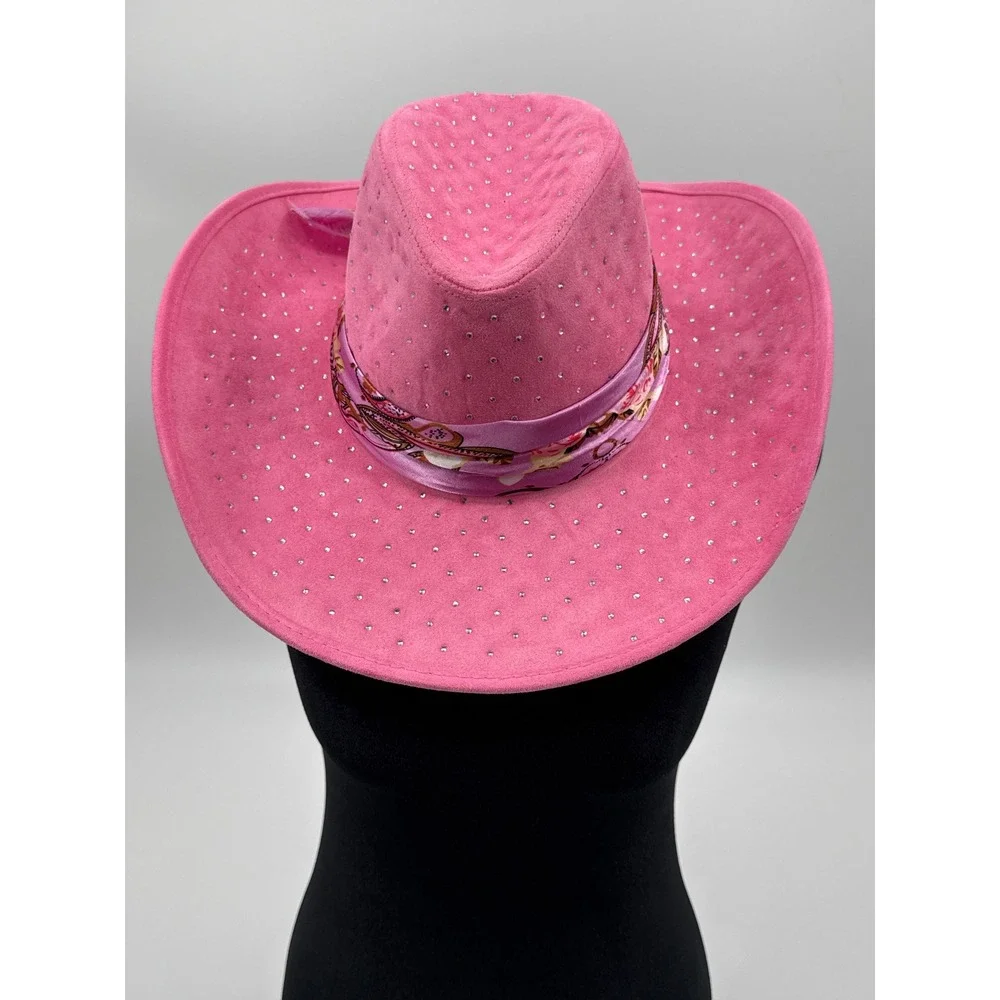 Pink Rhinestone Faux Suede Cowboy Hat Western Festival Paisley Band Crystal Brim